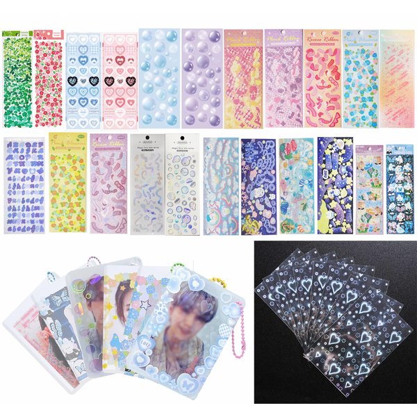 Lora Rossie 6 Kpop Photocard Holder Keychain Toploaders,50 Holographic Card Sleeves for Trading Cards Kpop Photocard,22 Ribbon Heart Bubble Deco Korean Stickers for Photocards Binder