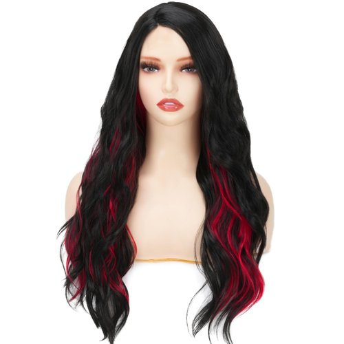 Sabosi Black and Red Long Wavy Wig for Women Red Black Ombre Synthetic Heat Resistant Cosplay Costume Wigs