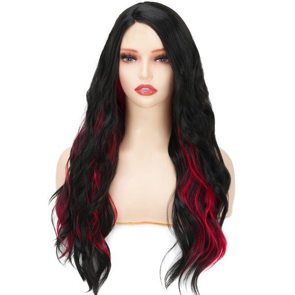 Sabosi Black and Red Long Wavy Wig for Women Red Black Ombre Synthetic Heat Resistant Cosplay Costume Wigs