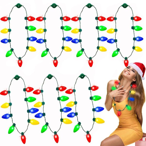 7 Pack Christmas LED Light Up Bulb Necklaces New Year Eve Christmas Holiday Accessories Party Favors Bulb Necklace for Kids Men Women