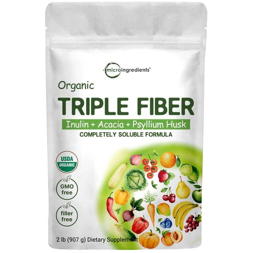 Organic Soluble Prebiotics Fiber Supplement (Inulin, Acacia, Psyllium Husk), 2 Pounds, 3 in 1 Fiber Formula, Daily Fiber, Unflavored, for Digestive Health, Hunger Control, Vegan