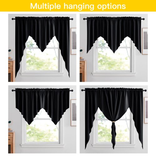 NICETOWN Blackout Window Treatment Pole Pocket Kitchen Tier Curtains- Tailored Scalloped Valance/Swags for Living Room (2 Panels, 36" W X 63" L Each Panel, Black)