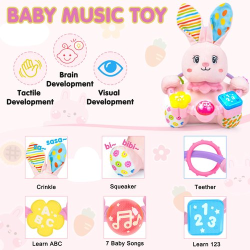 Ryotagift Baby Bilingual Musical Rabbit Stuffed Animals Toys,Infant Early Learning Toys with Light-Up Music & Crinkle,Tummy Time Toys for 0 3 6 9 12+ Months for Baby Boy Girl Gift,Pink