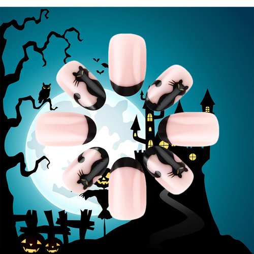 24Pcs Halloween Press on Nails Black Cat Acrylic False Nails Short Almond Cat Fake Nails Gel Glue on Nails Glossy Black French Tips Full Cover Stick on Black Cat False Nails for Coquette Women Girls