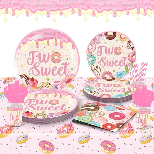 Two Sweet Birthday Party Supplies for 2 Year Old Girl, 202 Pcs Donut Party Decorations for Girls Baby - Table Cover, Plates, Cups, Napkins, Utensils, Serves 25 Guests