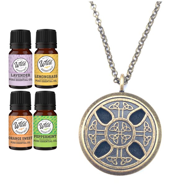 Wild Essentials Celtic Cross Aged Brass Necklace Essential Oil Diffuser Kit, Lavender, Lemongrass, Peppermint, Orange Oils, 12 Pads, Calming Aromatherapy Gift Set, Customizable Color Changing, Perfume