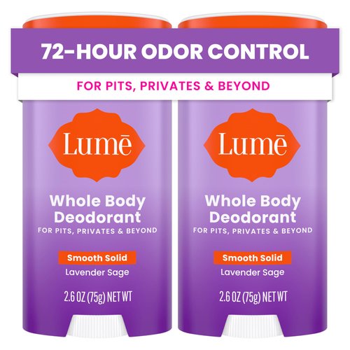 Lume Whole Body Deodorant - Smooth Solid Stick - 72 Hour Odor Control - Aluminum Free, Baking Soda Free and Skin Safe - 2.6 Ounce (Pack of 2) (Lavender Sage)