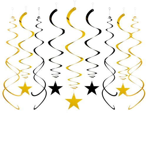 Capesaro Black Gold Star Hanging Swirl Decorations,Foil Streamers Ceiling Hanging Whirls Party Decorations,Pack of 20