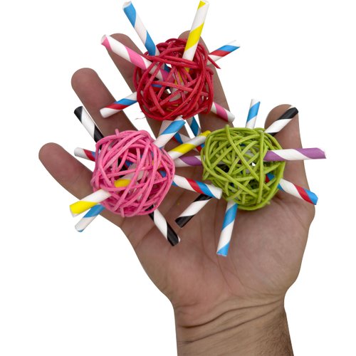 2154 Pk3 Rainbow Vine Chews - Colorful chewable Natural Bird Foot Toys, Brightly Colored Rattan Vine Balls, Assorted Paper Straws, Lightweight, Easy to Shred Materials, Great for sm to med Size Pets