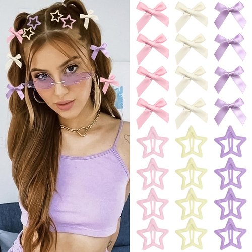 YAEISM 24PCS Pink Bow Hair Clips 3 Color Star Snap Clips Cute Mini Bow Hair Ribbon Non Slip Y2K Star Hair Barrettes for Girls Women