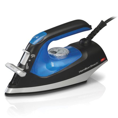 Hamilton Beach 2-in-1 Steam Iron for Clothes and Garment Steamer with 5 Temperature Settings, Nonstick Soleplate, 1200 Watts, 8’ Cord, Black & Blue (14525F)