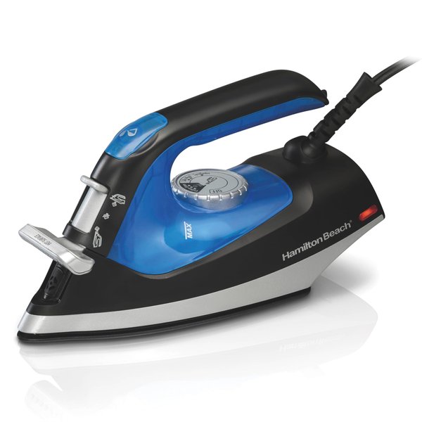 Hamilton Beach 2-in-1 Steam Iron for Clothes and Garment Steamer with 5 Temperature Settings, Nonstick Soleplate, 1200 Watts, 8’ Cord, Black & Blue (14525F)