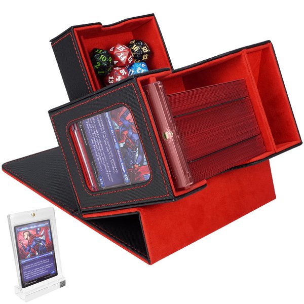 AFIING MTG Deck Box for Commander Display,Card Deck box Fit 100 Double-Sleeved Cards,MTG Card Storage Box with 35pt Magnetic Card Brick and Dice Tray with Dice Tower(Black/Red)