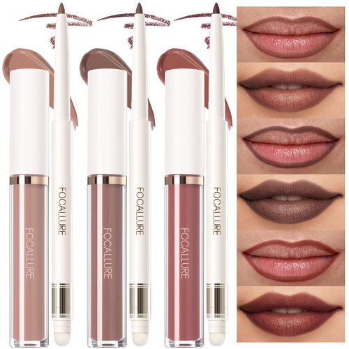FOCALLURE KISSPROOF 6Pcs Liquid Lipstick & Lip Liner Set, 3 Highly Pigmented Lip Gloss, 3 Matte Lip Crayons with Built-in Sharpener, Lips Makeup Gift for Women, NU01 NUDE