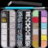 Mixed 3D Nail Art Gem Decoration Accessories Kit #1, Aurora Bear Bow Butterfly Starry AB Rhinestone Charm Jewelry for Deco, Pearl Flower Caviar Bead Stone Crystal with Dual-End Brush and Tweezer