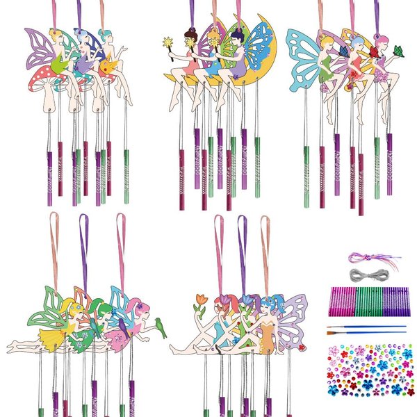 CHGCRAFT 15Set Fairy Painting Wooden Wind Chime Fairy Wind Chime Kit Wooden Arts and Crafts for DIY Paint Art Activity for Party Decoration Birthday Gifts