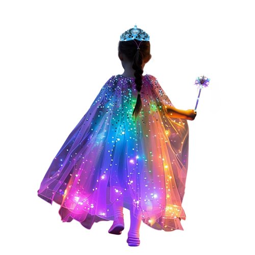 LEDPATY Girls Princess Cape LED Light Up Cloaks Halloween Dress Up with Tiara Crown, Wand,Necklace Pretend Play,Role Play & Dress Up (3-4T, White)