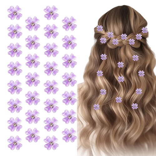 EleMirsa 30pcs Mini Flower Hair Clips Rhinestone Clover Flower Hair Pins Decorations Tiny Flower Hair Claw Clips for Wedding Bridal Flower Girl Hair Accessories for Girls Women (Purple)
