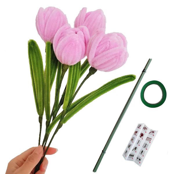 AHUIFT 200 Tulip Pipe Cleaner Flowers Kit DIY Art Flower Bouquet Craft Set Red and Green Chenille Stems Fuzzy Wire with Floral Wires and Floral Tape