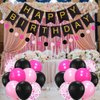 Hot Pink and Black Happy Birthday Party Decorations for Girls Women, Pink Décor Supplies with Banner, Pom Poms, Foil Curtain for Her 13th 16th 18th 20th 21st 25th 30th 40th 50th 60th Birthday Party
