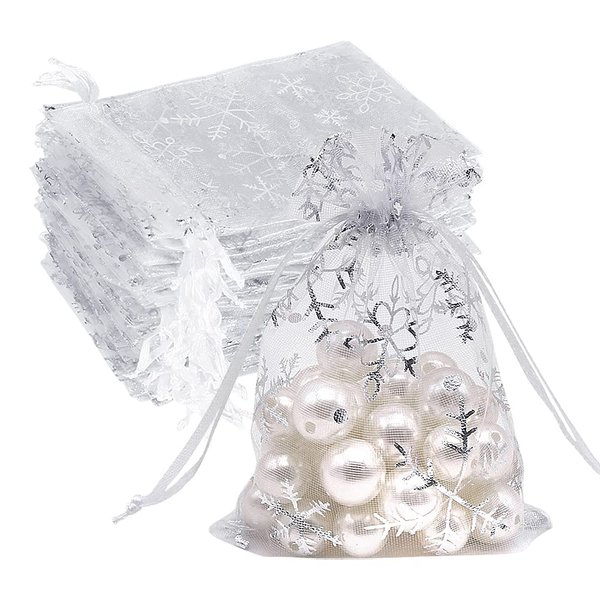 HRX Package 100pcs Snowflake Organza Gift Bags Christmas 3.9 x 4.7 inch, Small White Mesh Jewelry Pouches Little Drawstring Candy Bags