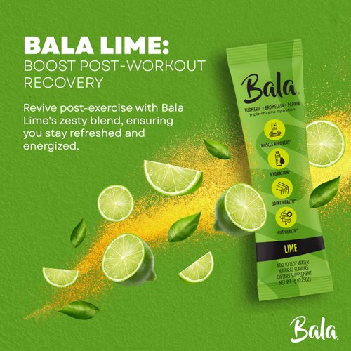 BALA Hydration Turmeric Drink Mix Packet | Sugar-Free Electrolyte Powder, Post Workout Recovery Drink, Joint Relief | Plant-Based Enzymes, Bromelain, Papain, Curcumin Lime 5.71 Ounce (Pack of 8)