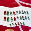TULOBI Christmas Press on Nails Medium Coffin Fake Nails with Christmas Tree Designs Glitter Glue on Nails Xmas Design Green and Red Stripes Full Cover False Nails Artificial Acrylic Nails 24pcs