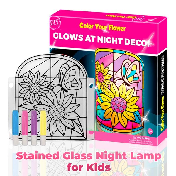 Kids NightLamp DIY Kit- Creative Arts and Crafts for Girls and Boys Ages 5 Years and up- Stained Glass lamp with Window Paint and Circuit - Best Gift Art Kits