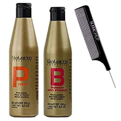 Salerm Cosmetics PROTEIN Shampoo & PROTEIN BALSAM Conditioner DUO Set (wtih Sleek Steel Pin Tail Comb) Keratin Silk Protein (9 oz + 8.6 oz - ORIGINAL COMBO KIT)