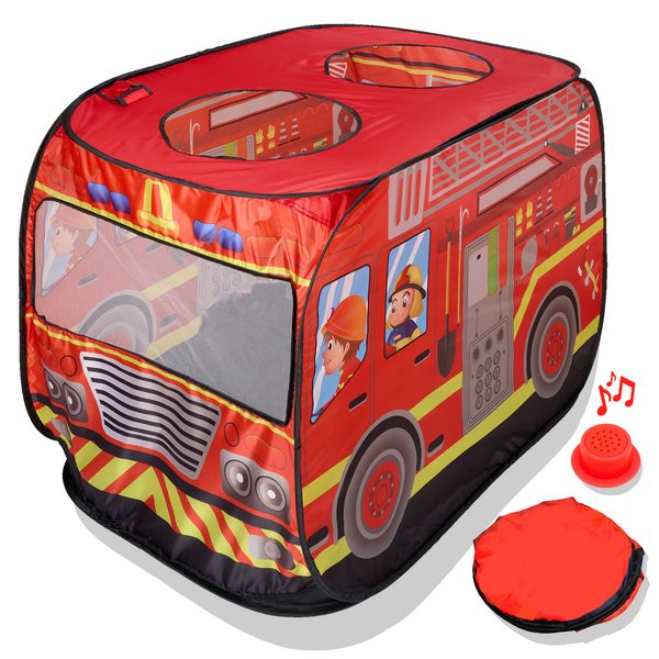 Playbees Musical Fire Truck Pop Up Play Tent with 3 Openings - Role Play Firefighter Tent - Sirens & Fireman Sounds - Indoor Outdoor - Red Fire Engine Playhouse Vehicle Toys - Ideal Play, Gift, Prop