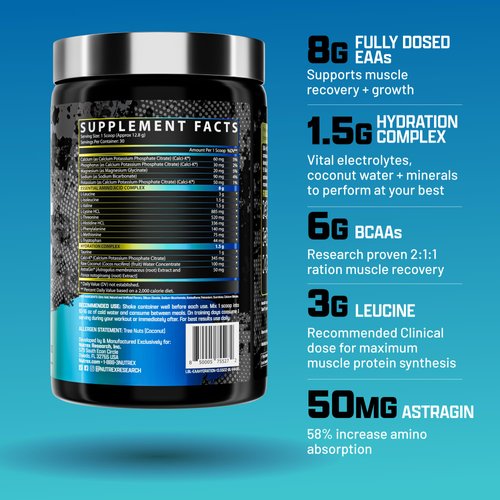 Nutrex Research EAA Hydration | EAAs + BCAA Powder | Muscle Recovery, Strength, Muscle Building, Endurance | 8G Essential Amino Acids + Electrolytes | Blueberry Lemonade 30 Servings