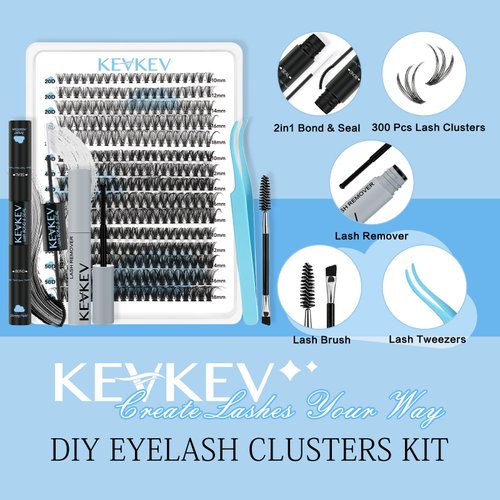 KevKev Lash Extension Kit 300Pcs Lash Clusters Kit DIY Eyelash Extension Kit with Lash Bond and Seal Eyelash Remover Lash Applicator Wispy Lashes Look Like Extensions(20D+40D+50D, D-10-18mix)