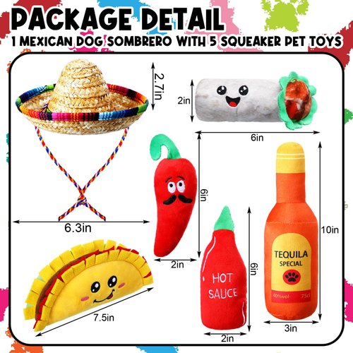 Syhood 6 Pcs Christmas Fiesta Dog Chew Toys Dog Sombrero Set, Include 1 Mexican Dog Sombrero Hat for Small Dog, 5 Squeak Plush Toys, Dog Chew Toy for Christmas Pet Gift