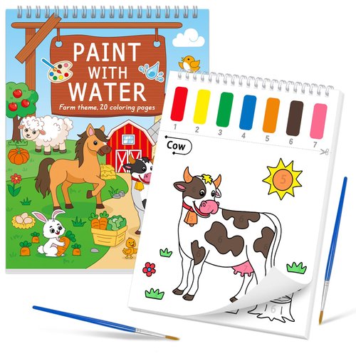 SOCOLER Paint with Water Coloring Books for Toddlers, Farm Theme Mess Free Watercolor Painting Papers for Kids Water Color Paint Kit with 2 Brushes Art Craft Toy Gift for Ages 1-3, 4-8