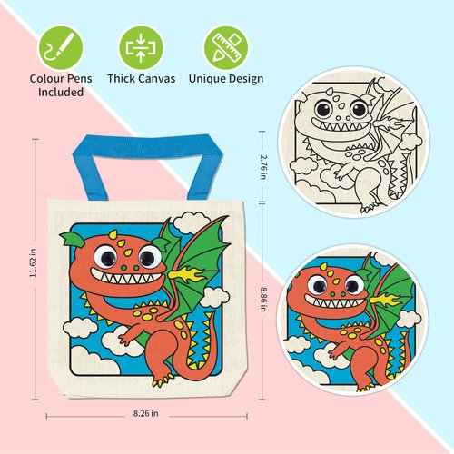 VKPI 8 Pieces Kids Coloring Goodie Bags, Reusable Canvas Bag, Cute Art Party Favors, Color Your Own Bags for DIY Painting Birthday Carnival Celebration, Party Supplies Gift, Boys