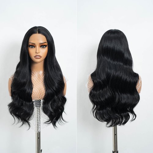 REBECCA STYLE Long Black Wavy Wigs for Women 26 Inch Middle Part Curly Wavy Wig Natural Looking L...