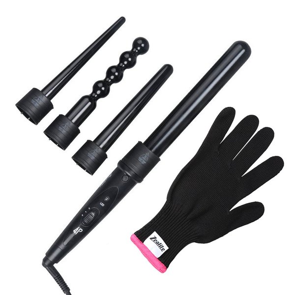 Curling Wand Set, Zealite Luxurious 4 in 1 Hair Curling Iron Set with Interchangeable Hair Wand Ceramic Barrels & Free Heat Resistant Glove (Black)