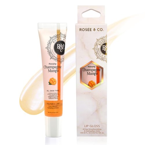ROSÉE & CO Rosee Lip Gloss Vegan & Cruelty Free Treatment, Long Lasting Glossy with Shea Butter, Moisturize, Protect & Smooth - Clear (r.Champagne Mango)