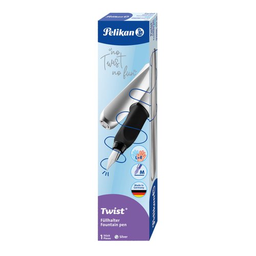 Pelikan Twist Fountain Pen with 1 Ink Cartridge, Medium Nib, Silver, Boxed (947101)
