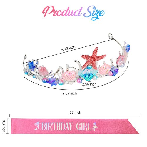 CIEHER Pink Mermaid Sash Set, Birthday Party Favors for Girls - Princess Decorations