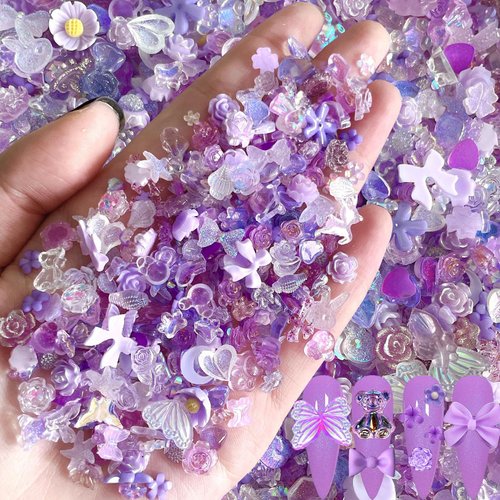 100pcs Purple Flower Bow Nail Charms Resin Nail Bows Nail Flowers 3D Nail Art Charms Cute Heart Moon Camellia Nail Charm Bear Butterfly Charms for Nails Design Bows for Nails Charms Nail Accessories