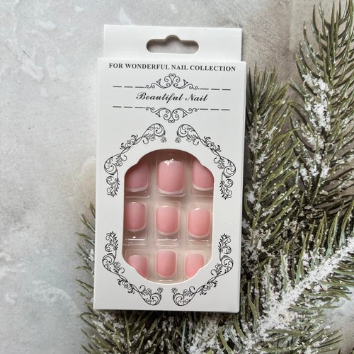 24Pcs Short Square French Tip Press on Fake Nails in White Pink Nude - Full Cover Acrylic Nail Tips for Women and Girls