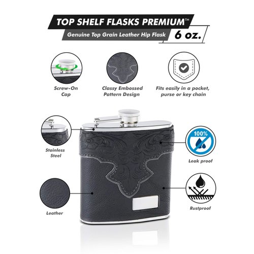 Genuine Leather Hip Flask Holding 6 oz - Classy Embossed Pattern Design - Pocket Size, Stainless Steel, Rustproof, Screw-On Cap - Black Finish Perfect for Engraving