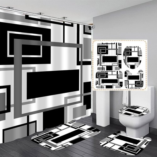 Yddsky 4 Pcs Black Geometric Shower Curtain Sets Non-Slip Bath Rugs, Toilet Cover, U-Shaped Mat, Abstract Geometric Modern Shower Curtain with 12 Hooks