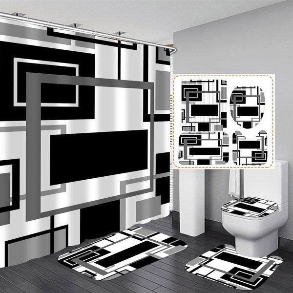 Yddsky 4 Pcs Black Geometric Shower Curtain Sets Non-Slip Bath Rugs, Toilet Cover, U-Shaped Mat, Abstract Geometric Modern Shower Curtain with 12 Hooks