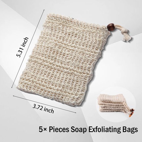 RGQHM 5PCS Bar Soap Pouch for Shower, Natural Sisal Fiber Soap Savers for Bar Soap, Fast Foaming and Drying Mesh Soap Bag, Great Exfoliating Body Scrubber for Daily Use