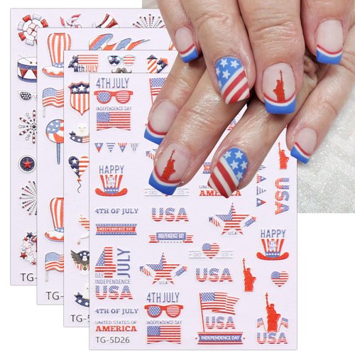 JMEOWIO 3D Embossed Independence Day 4th of July Patriotic Nail Art Stickers Decals Self-Adhesive Pegatinas Uñas 5D Colorful Star Nail Supplies Nail Art Design Decoration Accessories 4 Sheets