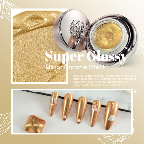 REPULOS Gold Chrome Nail Powder Gel, Mirror Effect Gel Nail Chrome Powder Gold Pigment Chrome Powder for Gel Nails Manicure Nail Glitter Dust for Nail Art Decorations