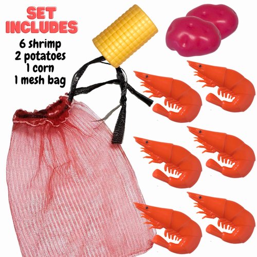 Lil' Bit Boiling Co. Kids Louisiana Shrimp & Fixins Toy Food Kitchen Set for Children - Toy Shrimp Set with Potatoes, Corn, and Mesh Bag