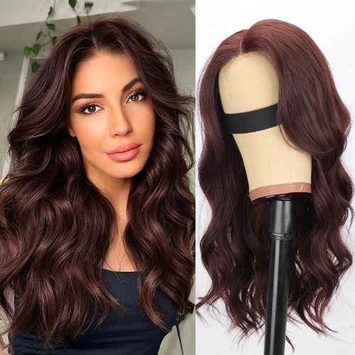Nnzes Wigs with Curtain Bangs for Women Long Wavy Women's Charming Synthetic Lace Front Wigs with Bangs Natural Wavy Dark Auburn Brown Wigs Medium Length Wig Heat Resistant Hair for Daily Party Use